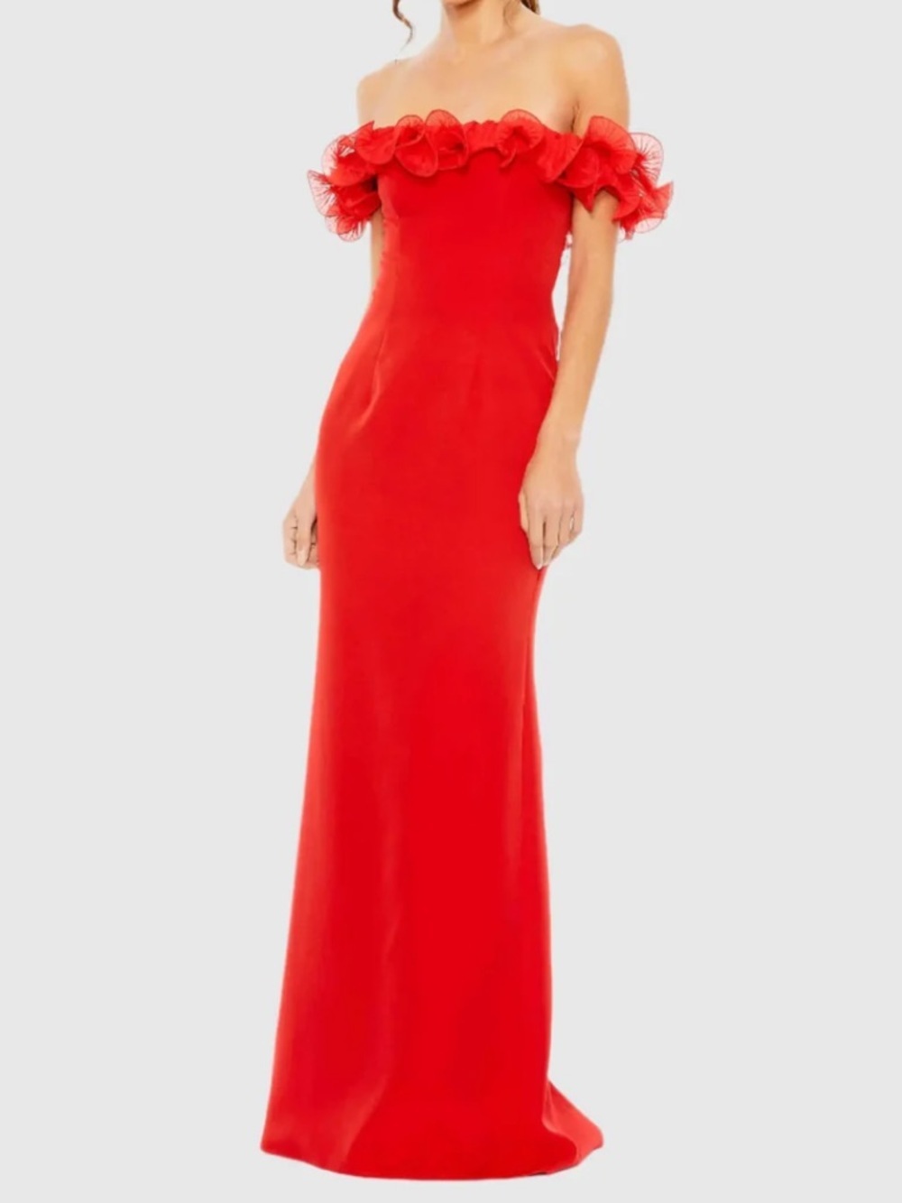 Mac Duggal Red Ruffle-Trim off the shoulder column Maxi Dress new size 12